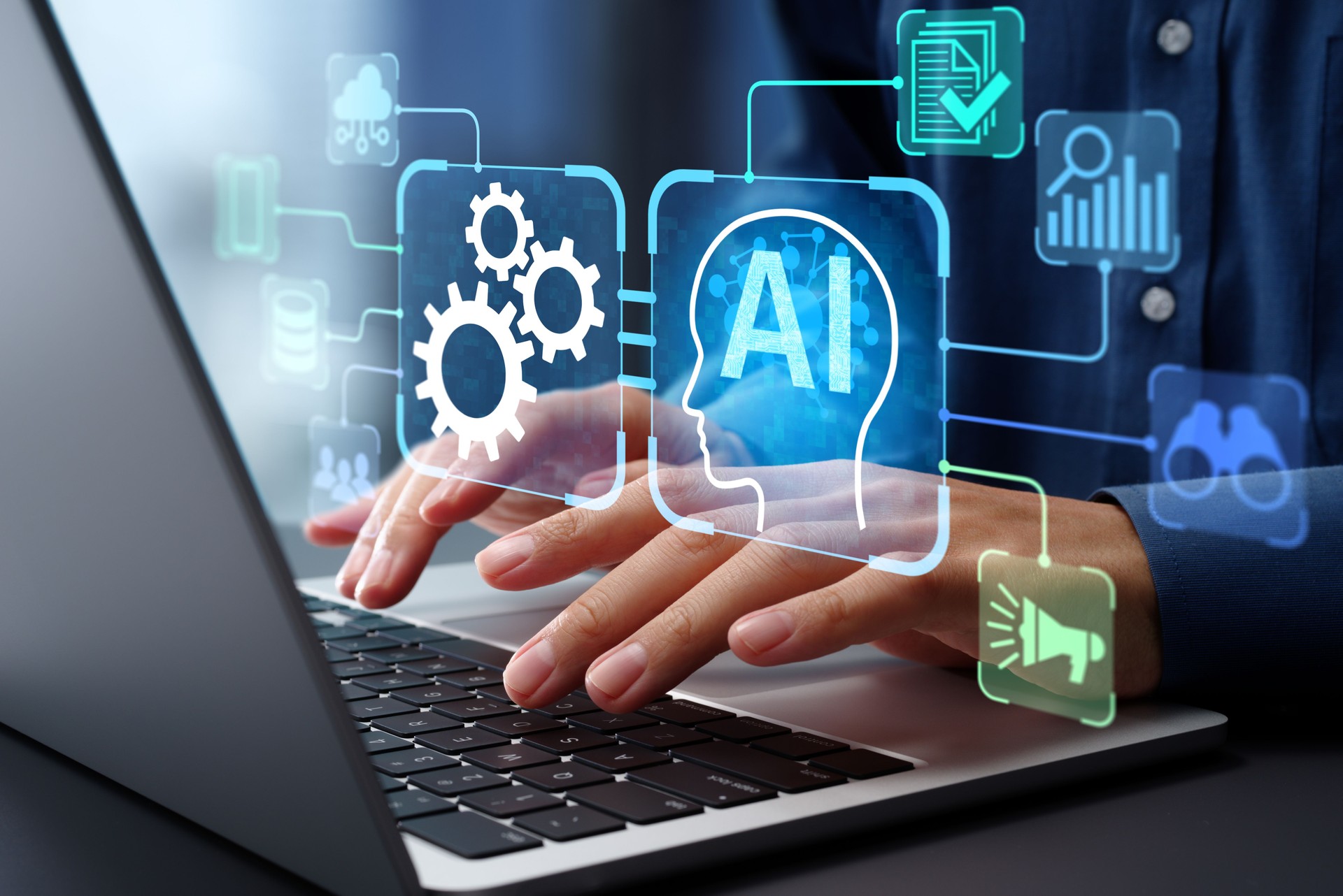 AI agent and intelligent automation IA technology. Business process automation BPA system. Businessman using laptop computer to give instructions to AI at desk in office.
